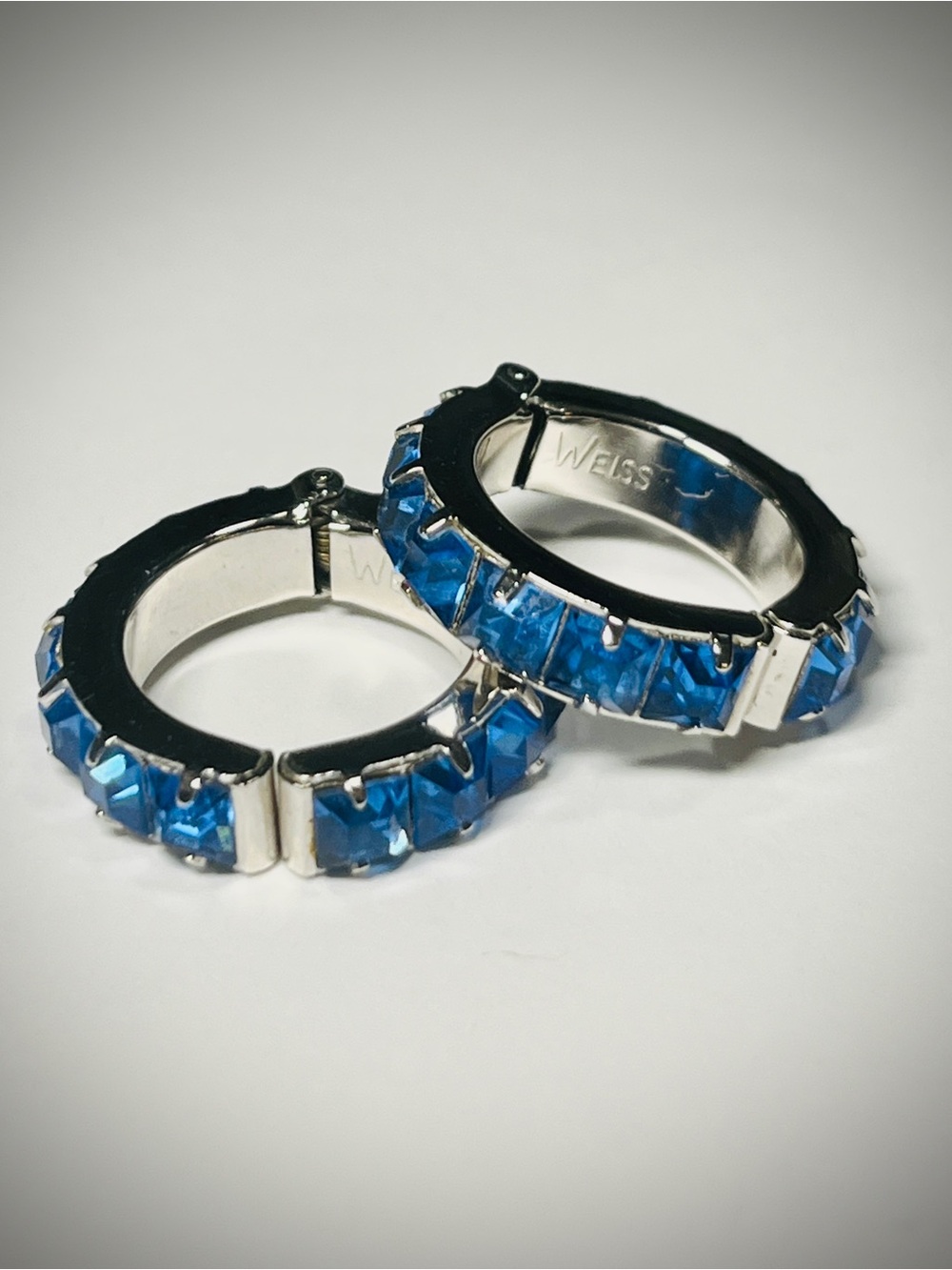 Signed WEISS Sapphire Blue Rhinestone Clip-on Hoop Earrings | Mid-Century VTG